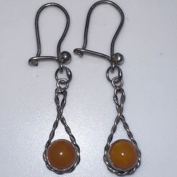 Antique vintage 800 silver Butterscotch egg yolk amber hook drop dangle earrings - Picture 5 of 10